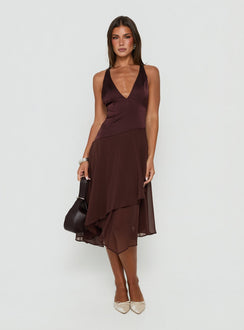 Emeliah Asymmetrical Plunge Midi Dress Brown