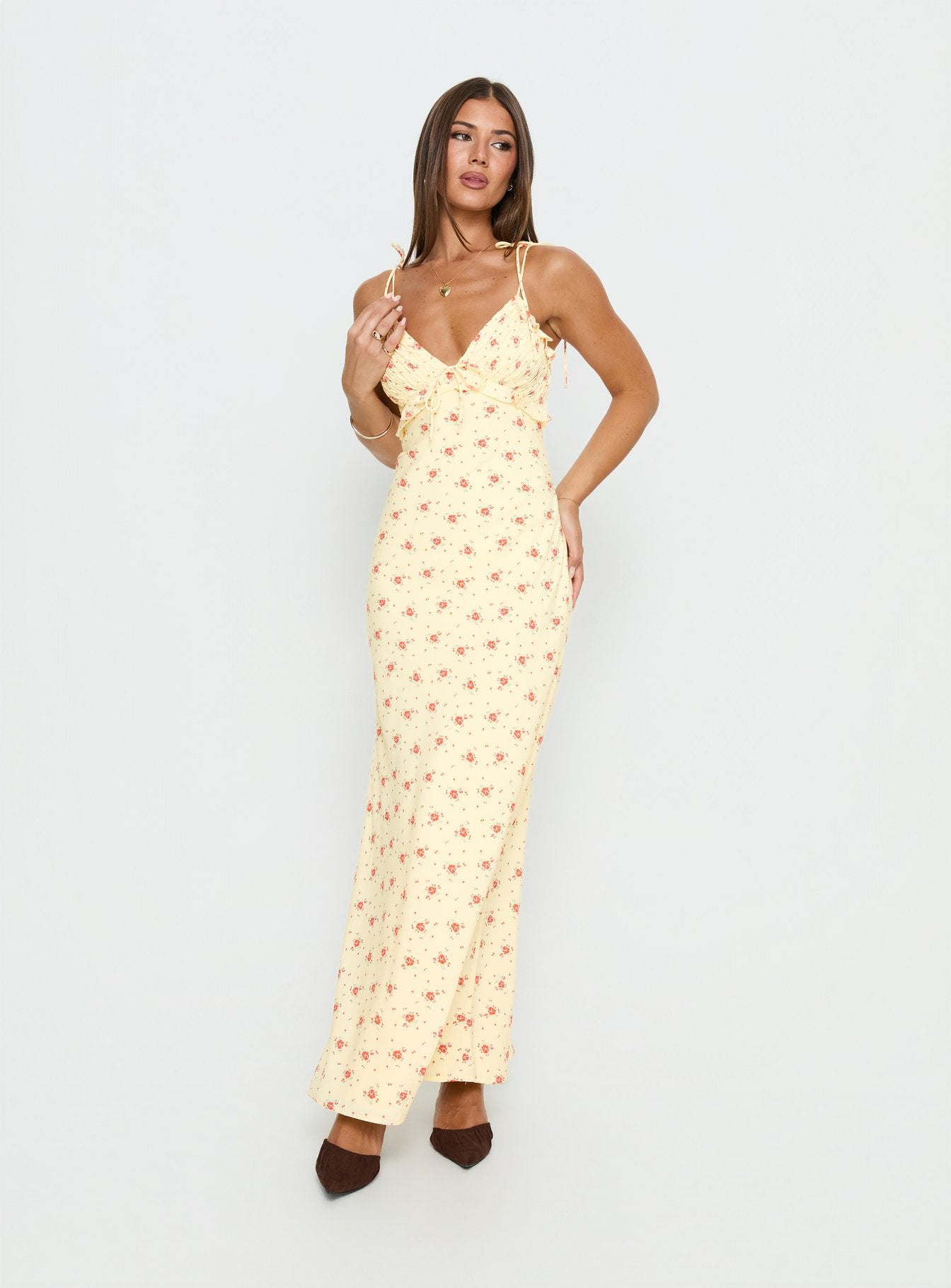 Morcar Frill V Neck Maxi Dress Yellow Floral