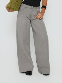 Featuring Naylor Mid Rise Wide Leg Jeans Light Grey Wash in womens-jeans front view of model wearing Princess Polly