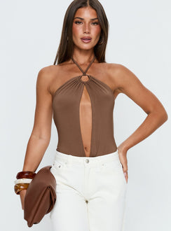 front view of model wearing Princess Polly Damiana Cut Out Bodysuit Brown Sleeveless 