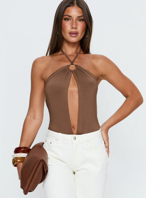 front view of model wearing Princess Polly Damiana Cut Out Bodysuit Brown Sleeveless 