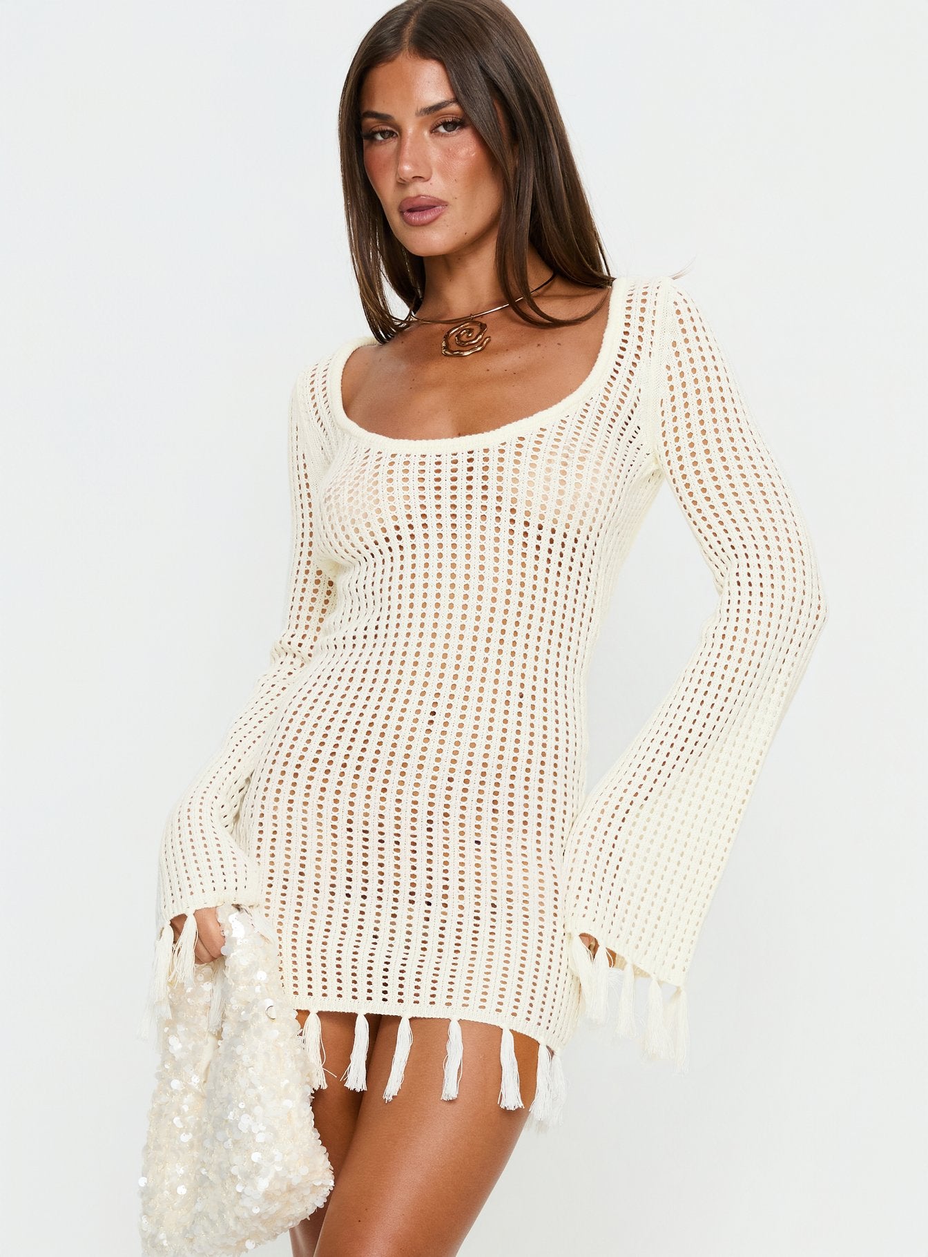 Melosa Long Sleeve Crochet Mini Dress | White | Womens