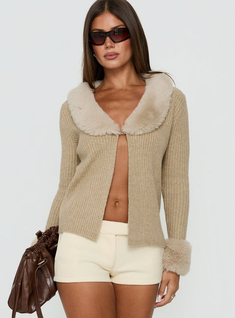 Featuring the Gisele Faux Fur Trim Long Sleeve Sand womens jumper in short length product Princess Polly