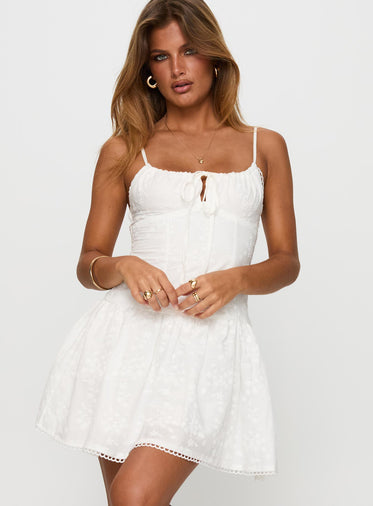 Peonies Embroidered Mini Dress White