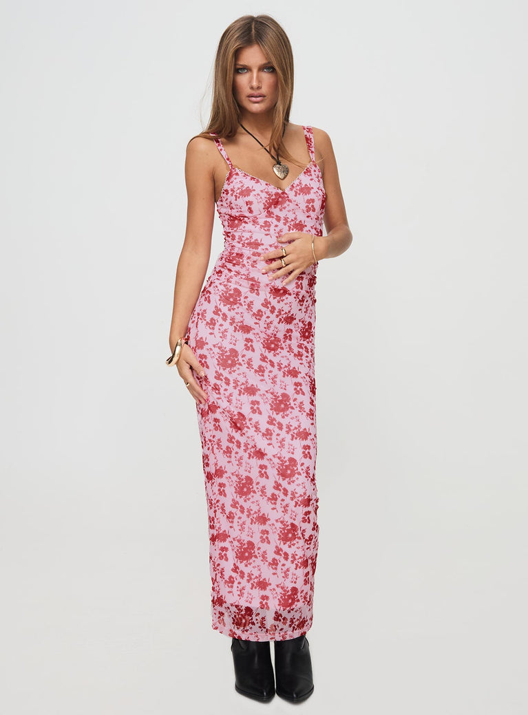 Pink maxi dress Adjustable shoulder straps, lace trim, v-neckline, ruched sides