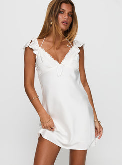 back view of model wearing Princess Polly Once In A Lifetime Mini Dress White Plunger 