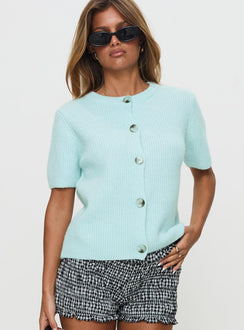 front view of model wearing Princess Polly Wait A Lifetime Short Sleeve Cardigan Blue Cropped 