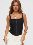 front view of model wearing Princess Polly Barlay Top Black Sleeveless Square Neck 