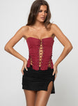 red Strapless corset top Lace up detail throughout inner silicone strip at bust zip fastening at back boning throughout