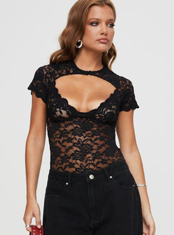 front view of model wearing Princess Polly Giallo Bodysuit Black Short Sleeve 