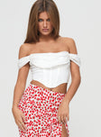 White off the shoulder crop top Inner silicone strip at bust, boning throughout, zip fastening at back, curved hem