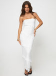 Strapless maxi dress, mesh material Inner silicone strip at bust, frill detail, layered hem Good stretch, fully lined