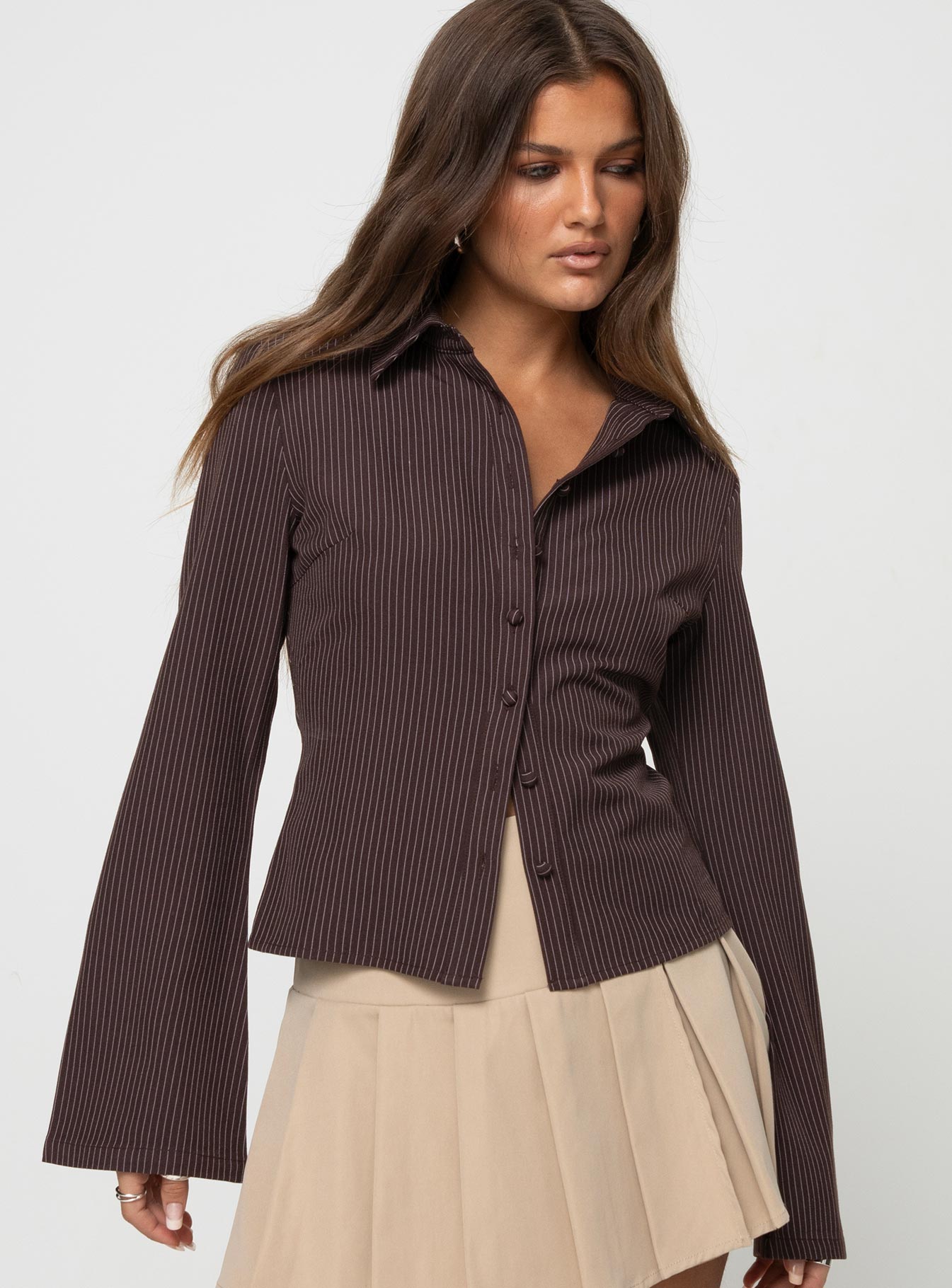Anni Pinstripe Shirt Brown | Princess Polly