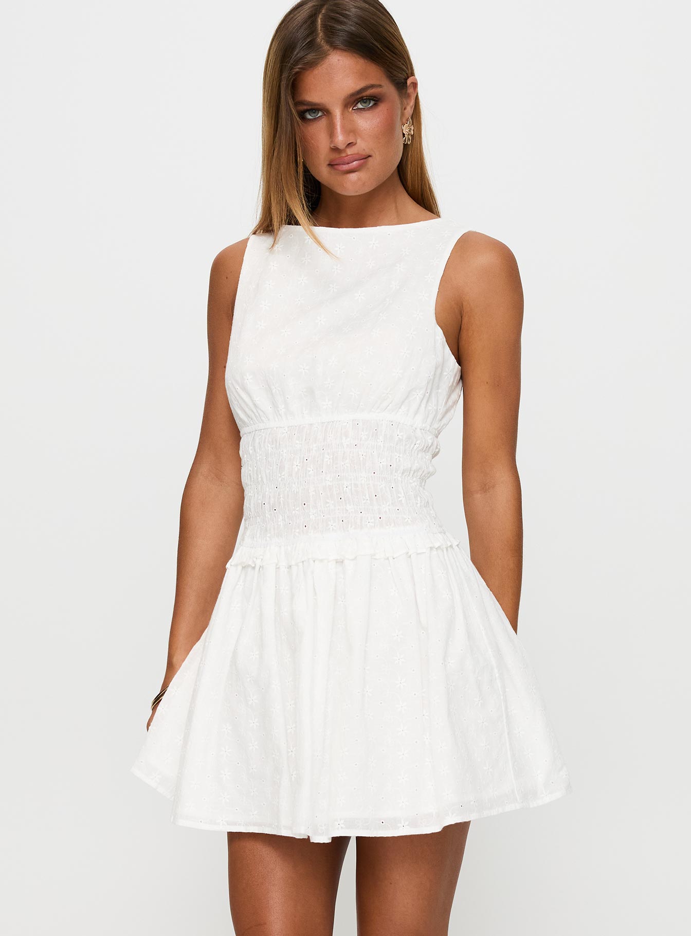 Yennifer Shirred Broiderie Mini Dress | White | Womens | Princess Polly Yennifer Shirred Broiderie Mini Dress | White | Womens | Princess Polly