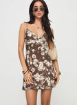 front view of model wearing Princess Polly Marilyn Mini Dress Brown / Floral V-Neck 