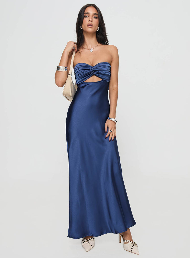 Strapless satin maxi dress Inner silicone strip at bust, pleated design, elasticated straps at back, low cowl back Non-stretch material, lined bust