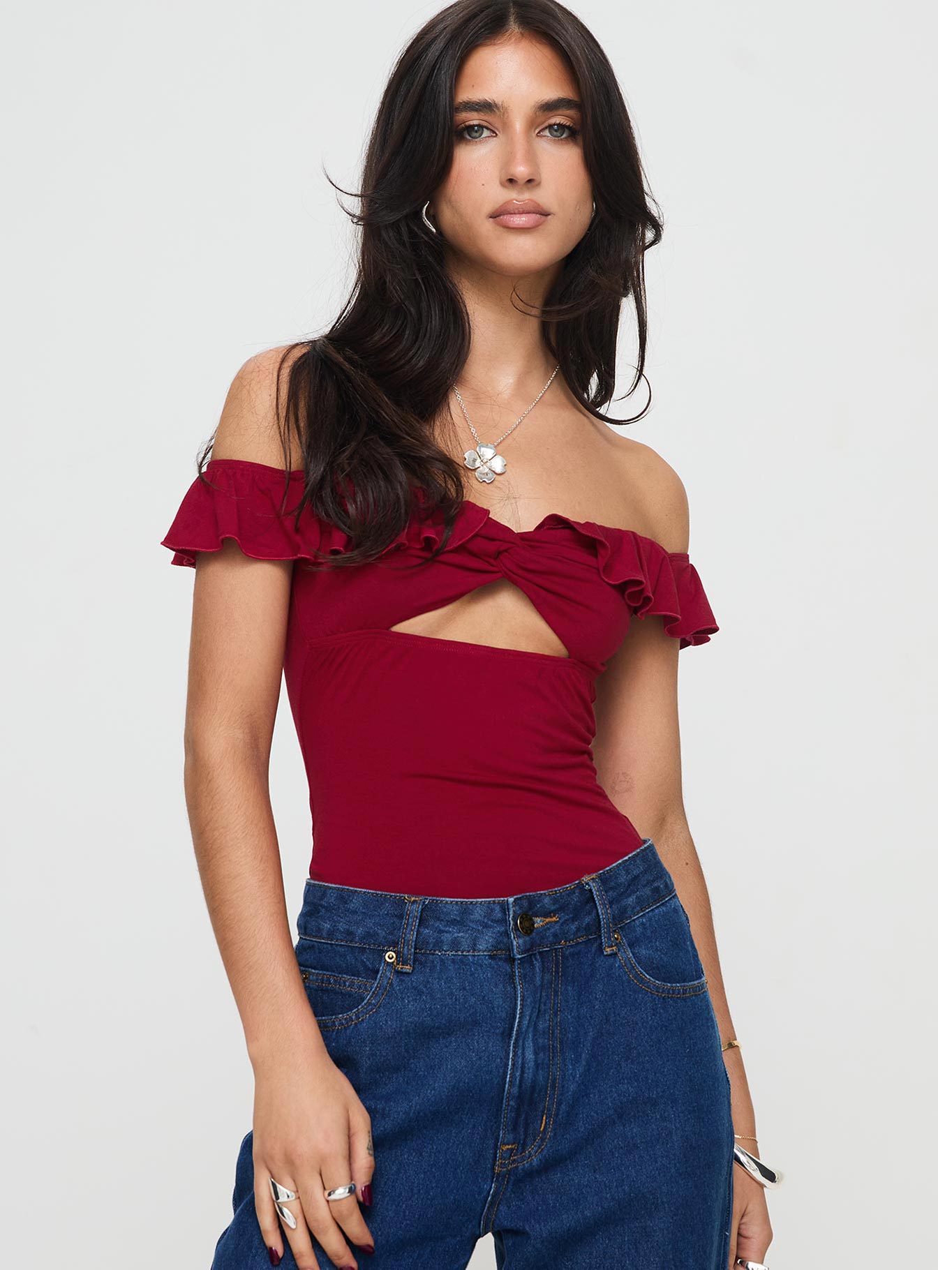 Be careful off the shoulder bodysuit red