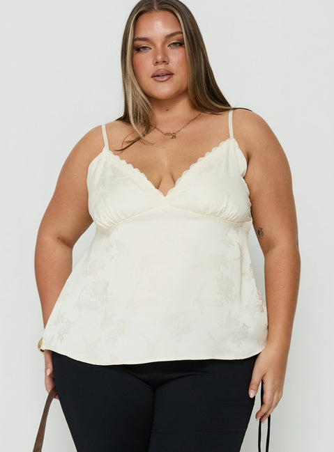 Had Me At Hello Lace Trim Floral Detail Top Cream Curve