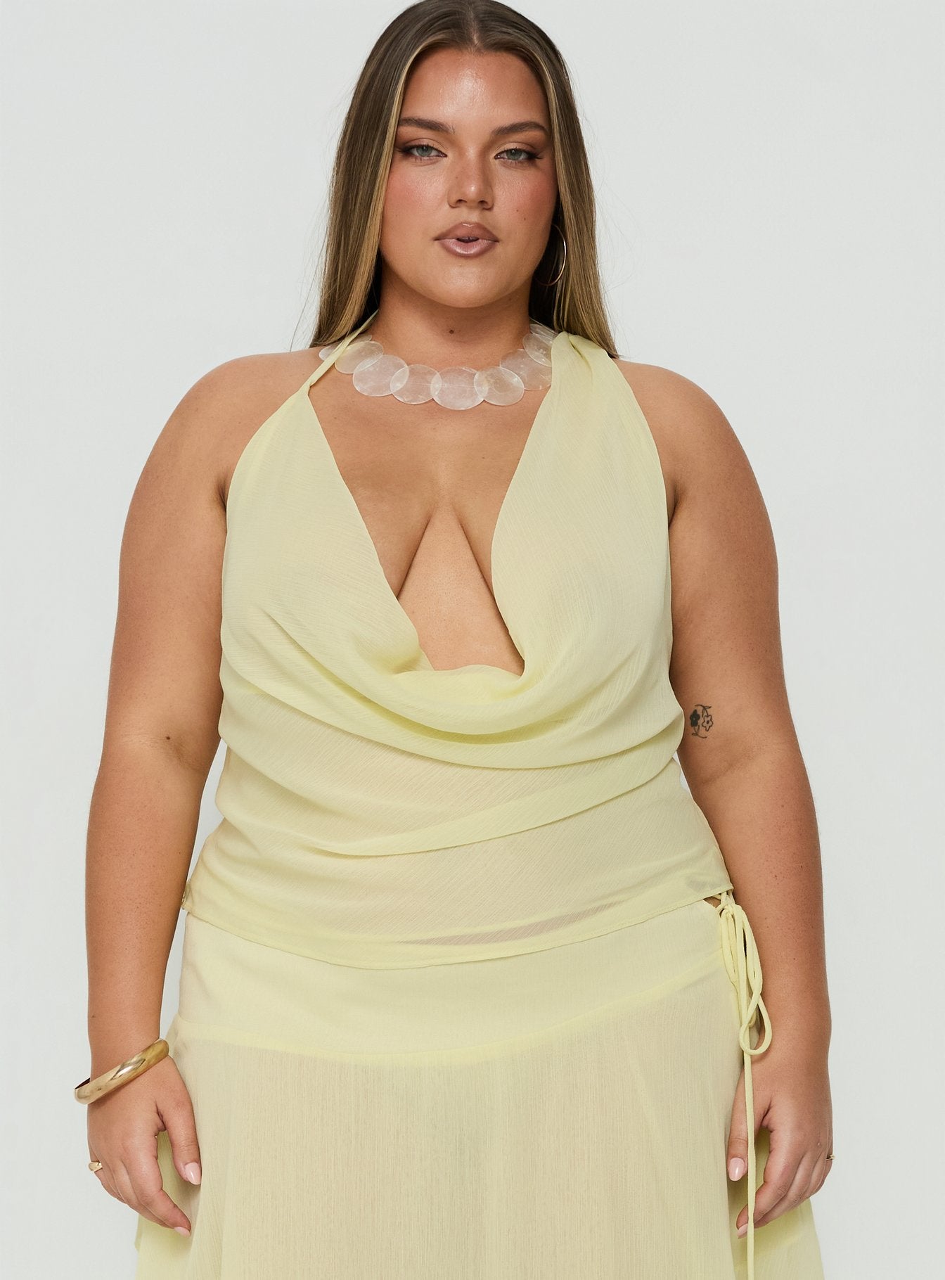Evaleine Chiffon Cowl Neck Top Baby Yellow Curve