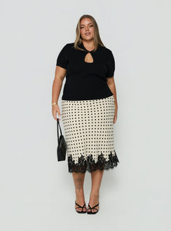 Downtown Scene Lace Trim Maxi Skirt Cream Polka Curve
