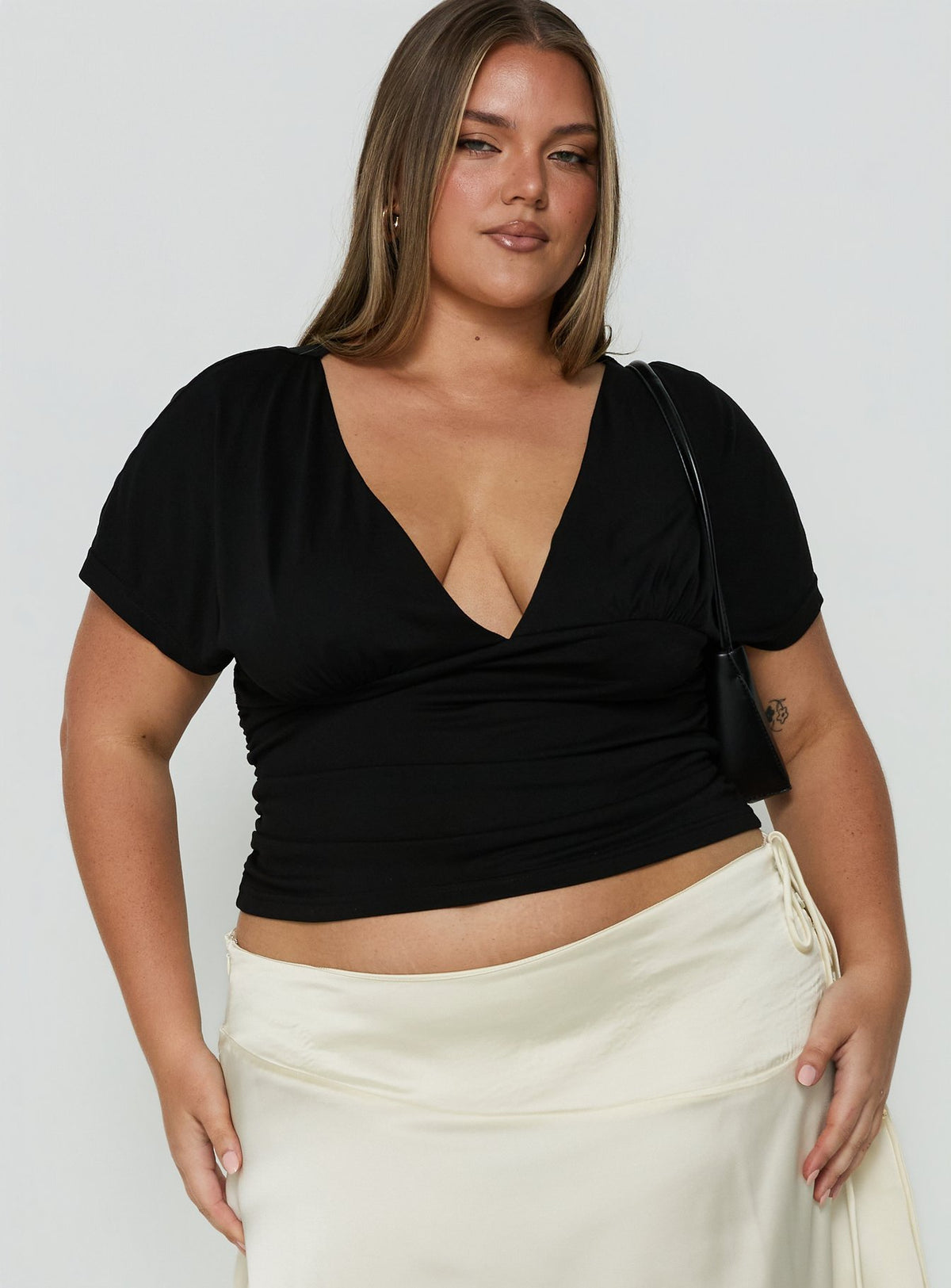 Mattey Cinched V Neck Top Black Curve