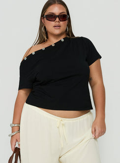 Dalten Off Shoulder Button Detail Top Black Curve