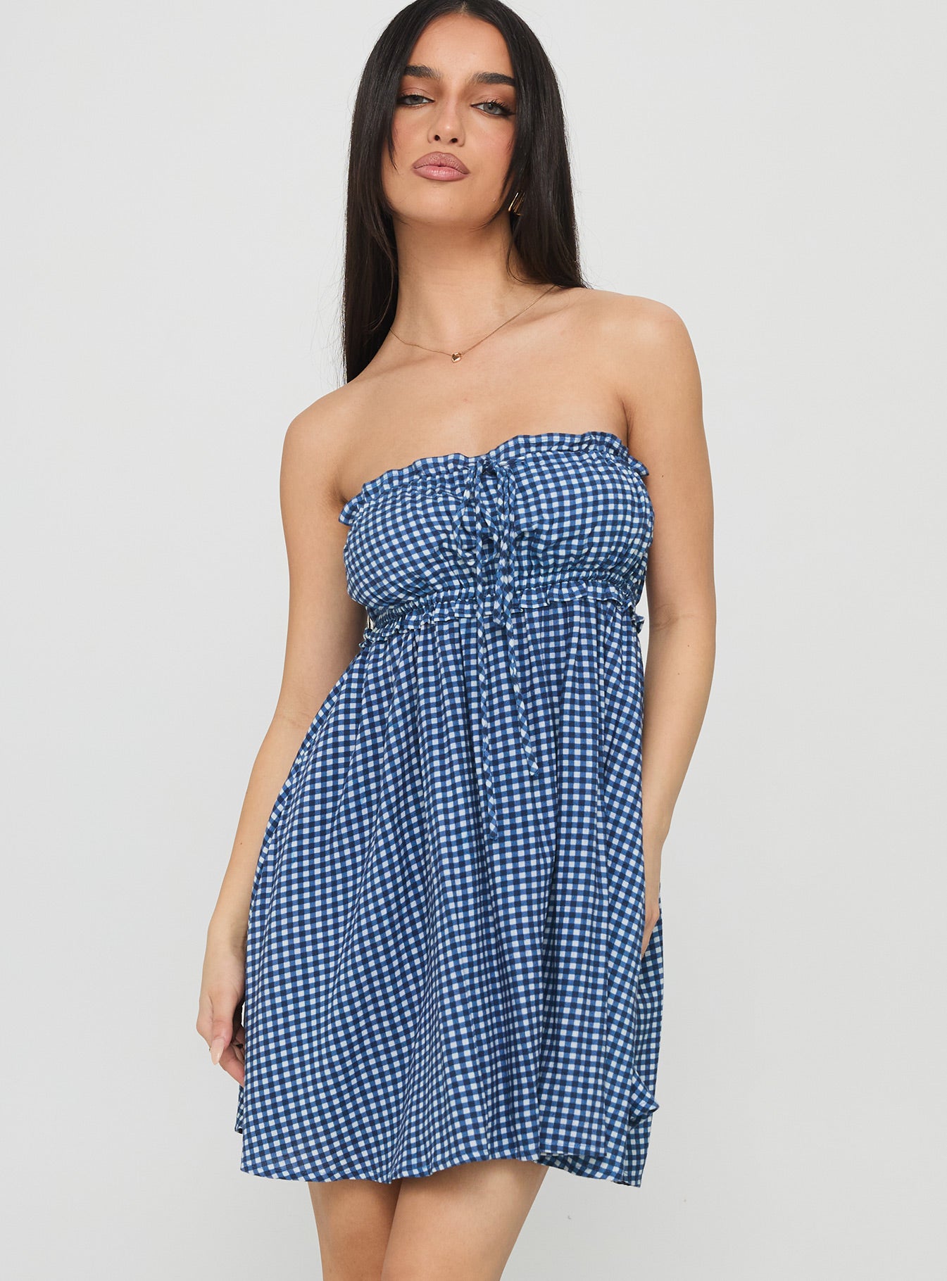 Held My Breath Strapless Babydoll Mini Dress | Blue Gingham | Womens | Princess Polly Lower Impact Held My Breath Strapless Babydoll Mini Dress | Blue Gingham | Womens | Princess Polly Lower Impact