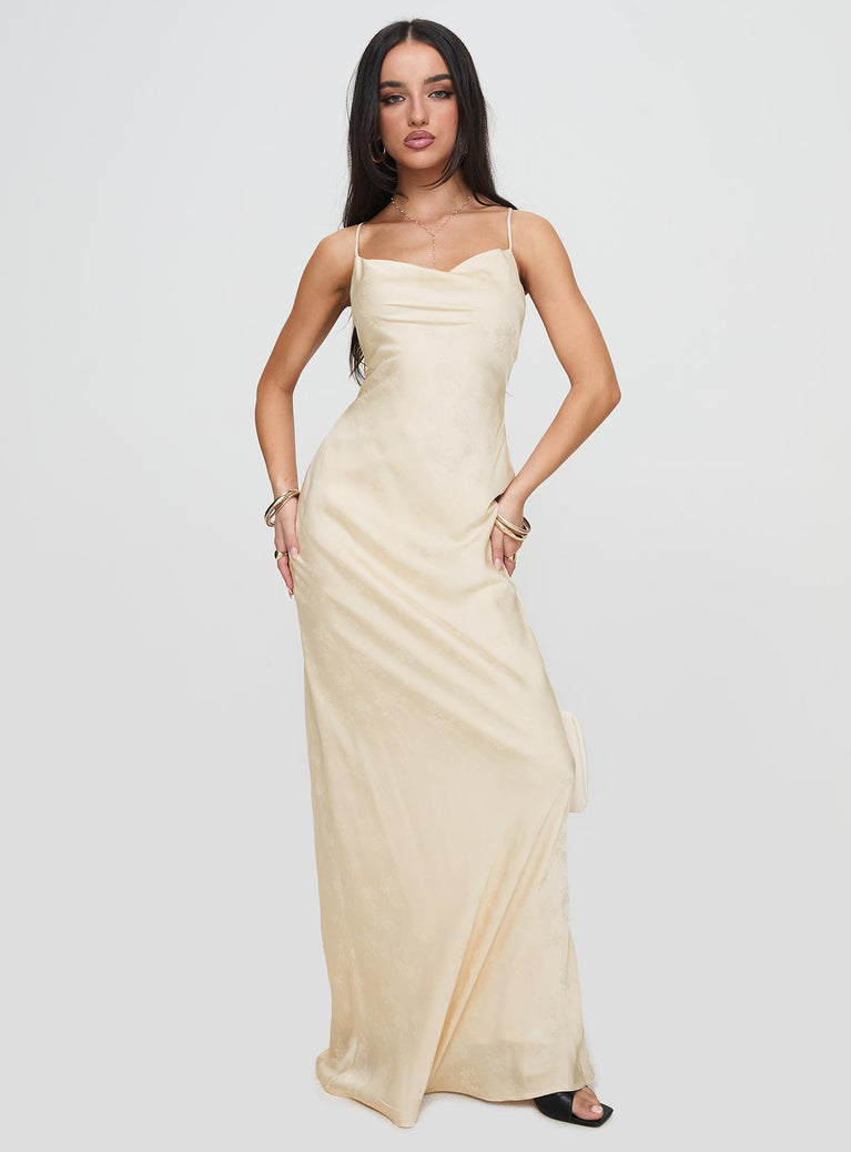 front view of model wearing Princess Polly Esti Maxi Dress Champagne Cowl Neck 