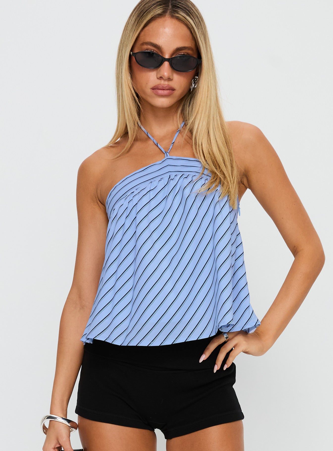 front view of model wearing Princess Polly Moonlit Top Blue Stripe Sleeveless 