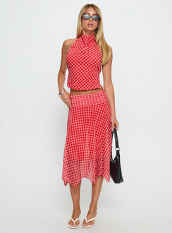   side view of model wearing Princess Polly Scenic Route Asymmetrical Midi Skirt Red Check Midi Skirts 