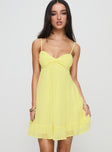 front view of model wearing Princess Polly Stolen Kisses Mini Dress Lemon Sweetheart Neckline 