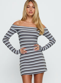 Tosie Long Sleeve Off Shoulder Mini Dress Blue Stripe