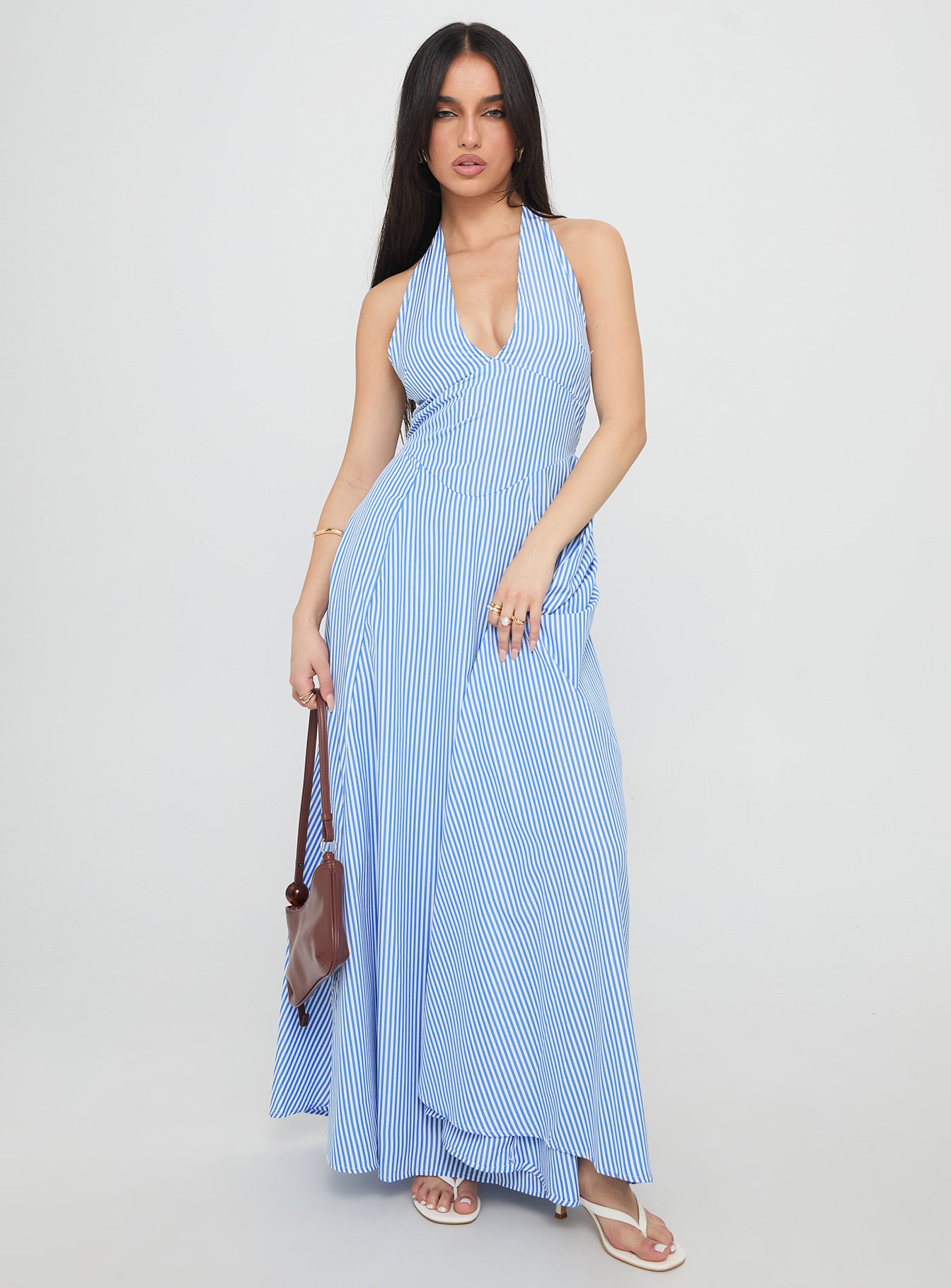 Ivie Halter Plunge Maxi Dress Blue Stripe | Princess Polly Ivie Halter Plunge Maxi Dress Blue Stripe | Princess Polly