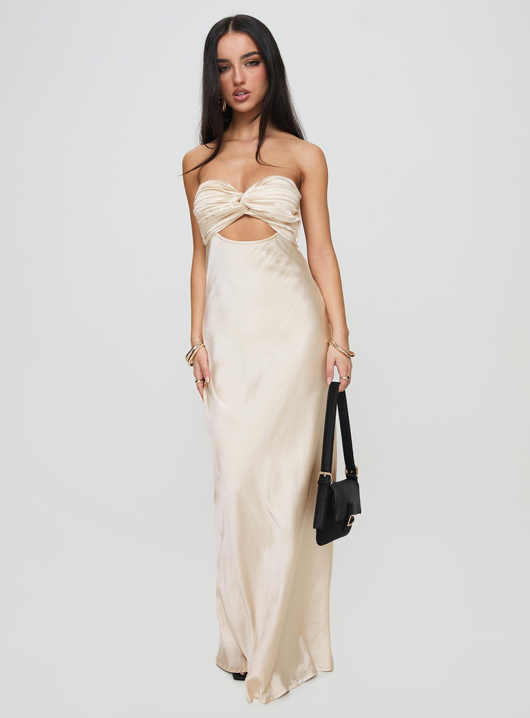 front view of model wearing Princess Polly Faviola Strapless Maxi Dress Champagne Sweetheart Neckline 