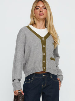 front view of model wearing Princess Polly Atira Contrast Knit Cardigan Grey Cropped 