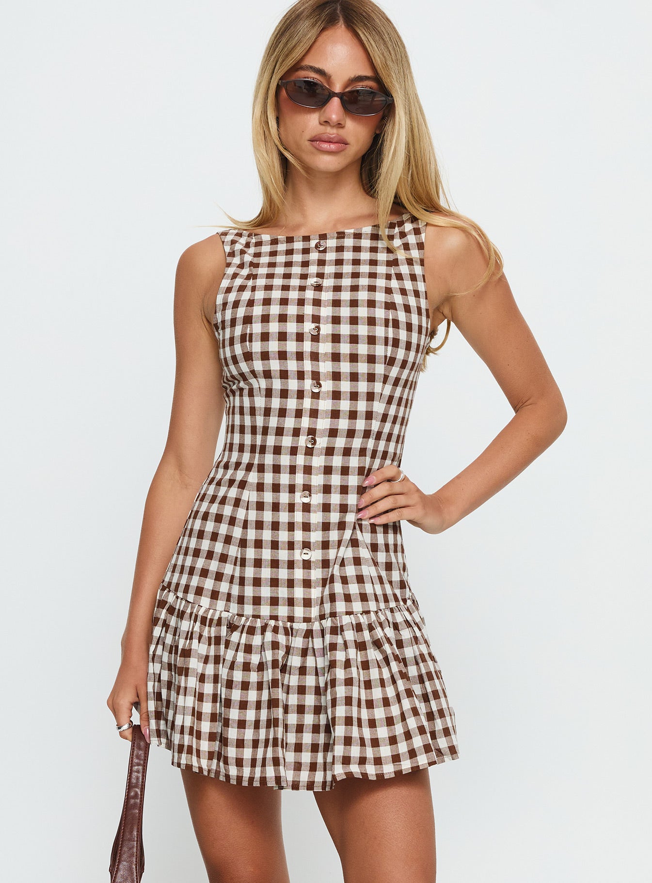 Kolbie Boat Neck Frill Mini Dress Brown Gingham | Princess Polly