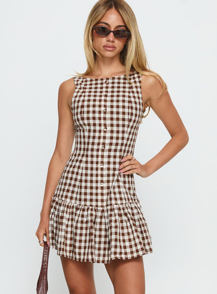 brown.gingham.dress Kolbie Boat Neck Frill Mini Dress Brown Gingham Beaded Dress with Plunging This cotton gingham mini Color:Brown Polka InGoTemplate