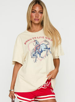 front view of model wearing Princess Polly Born To Live Wild Graphic Top White Half Sleeves Crew Neck 