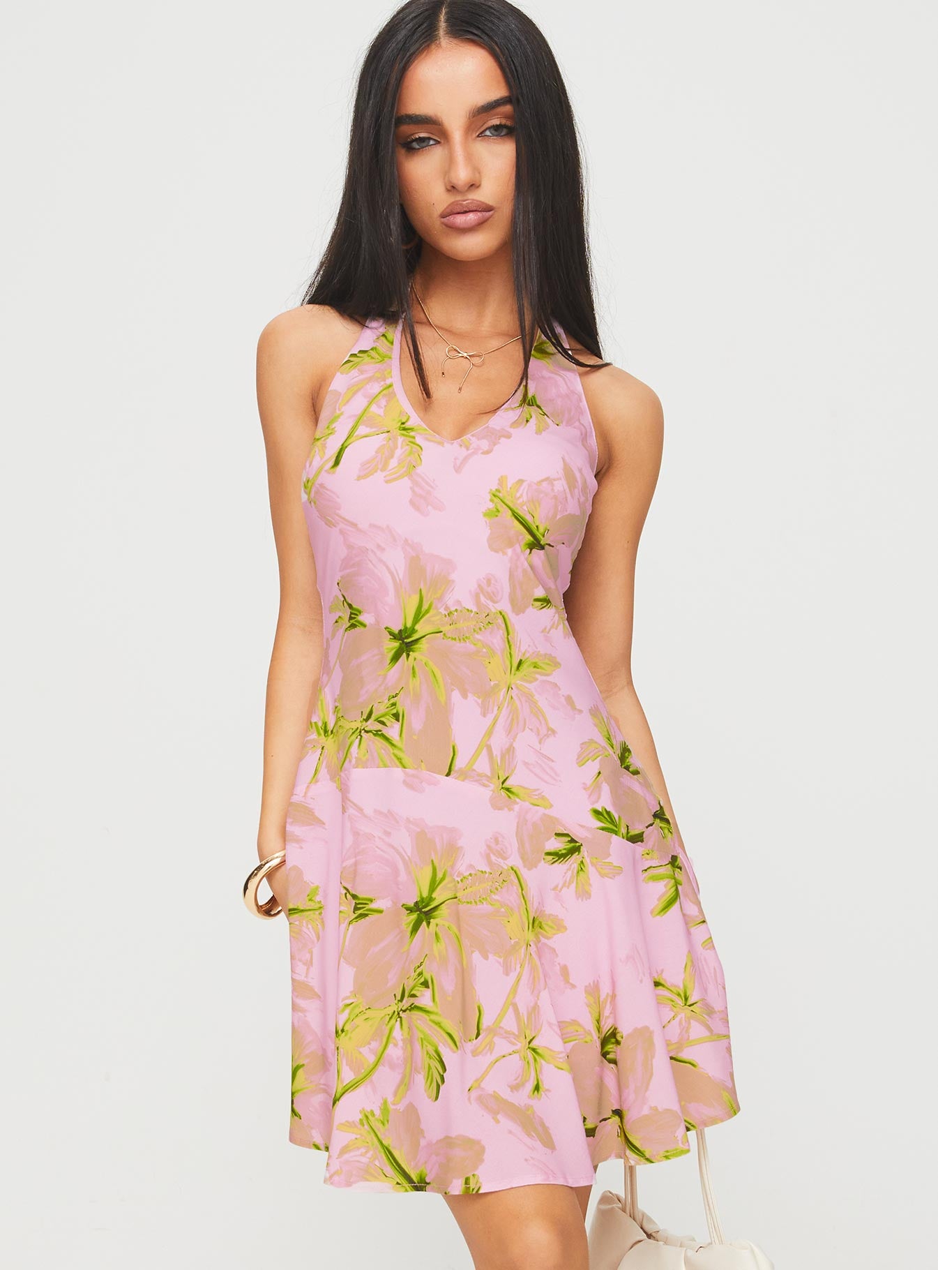 Alcedo halter mini dress pink / green