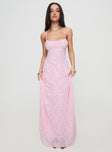 front view of model wearing Princess Polly South Of France Maxi Dress Pink Square Neck 