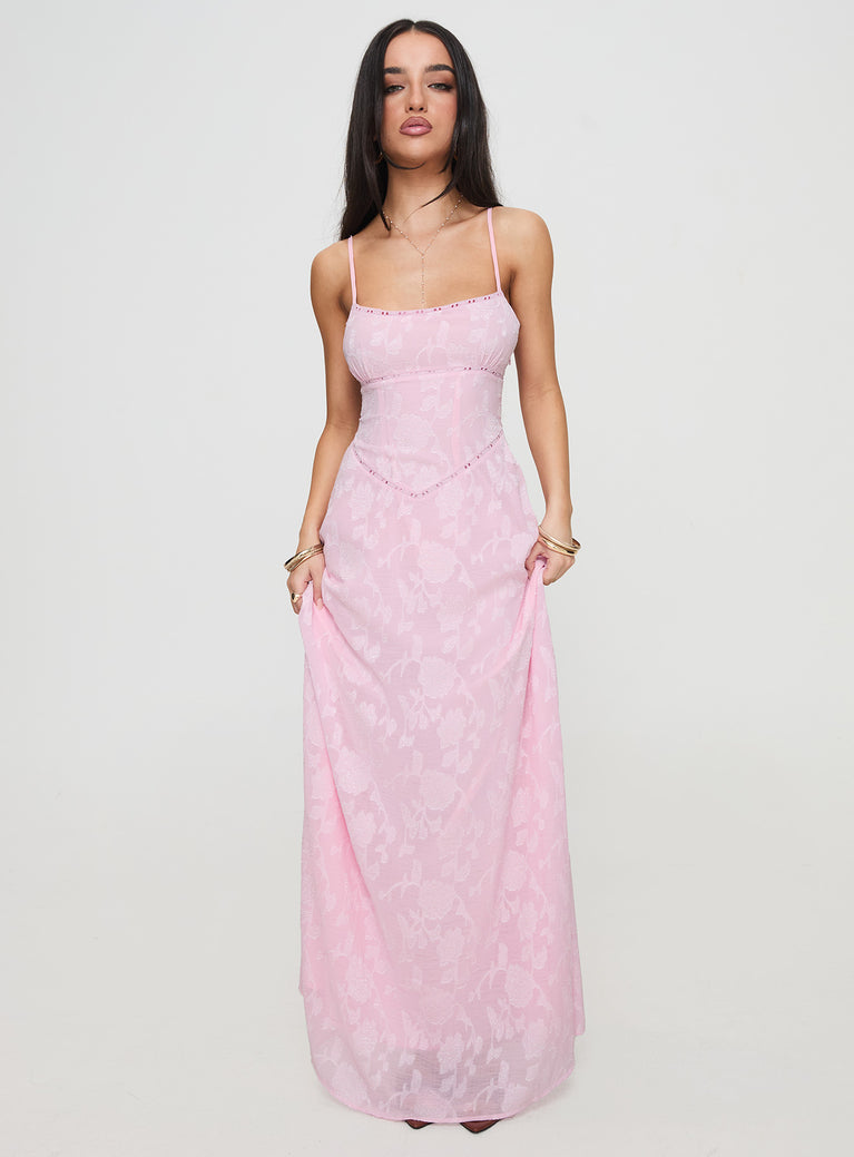 front view of model wearing Princess Polly South Of France Maxi Dress Pink Square Neck 