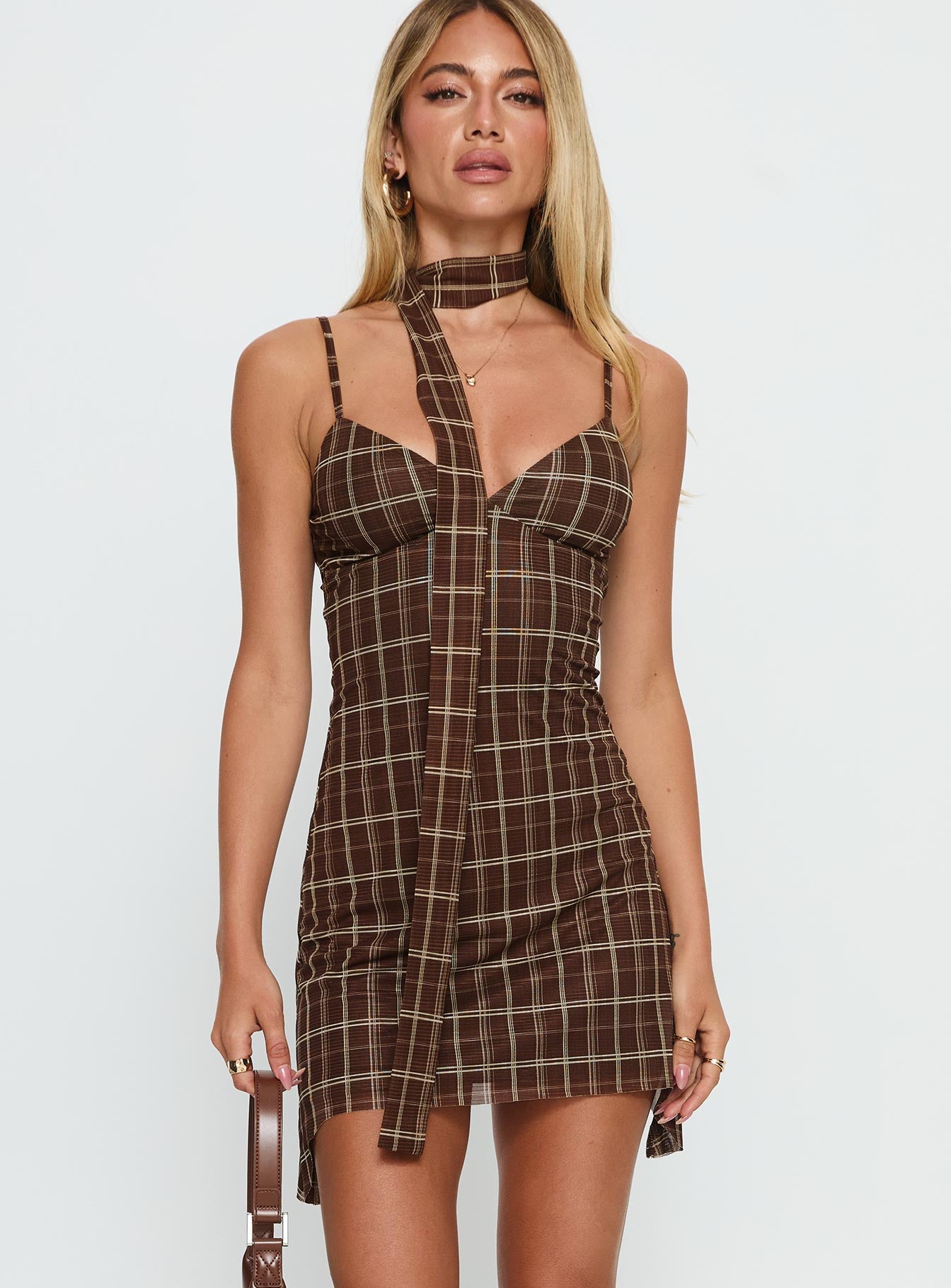 Love Unknown Scarf Tie Mini Dress Brown Check | Princess Polly