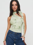 front view of model wearing Princess Polly Anderstone Neck Tie Top Green Sleeveless Asymmetric Neckline 