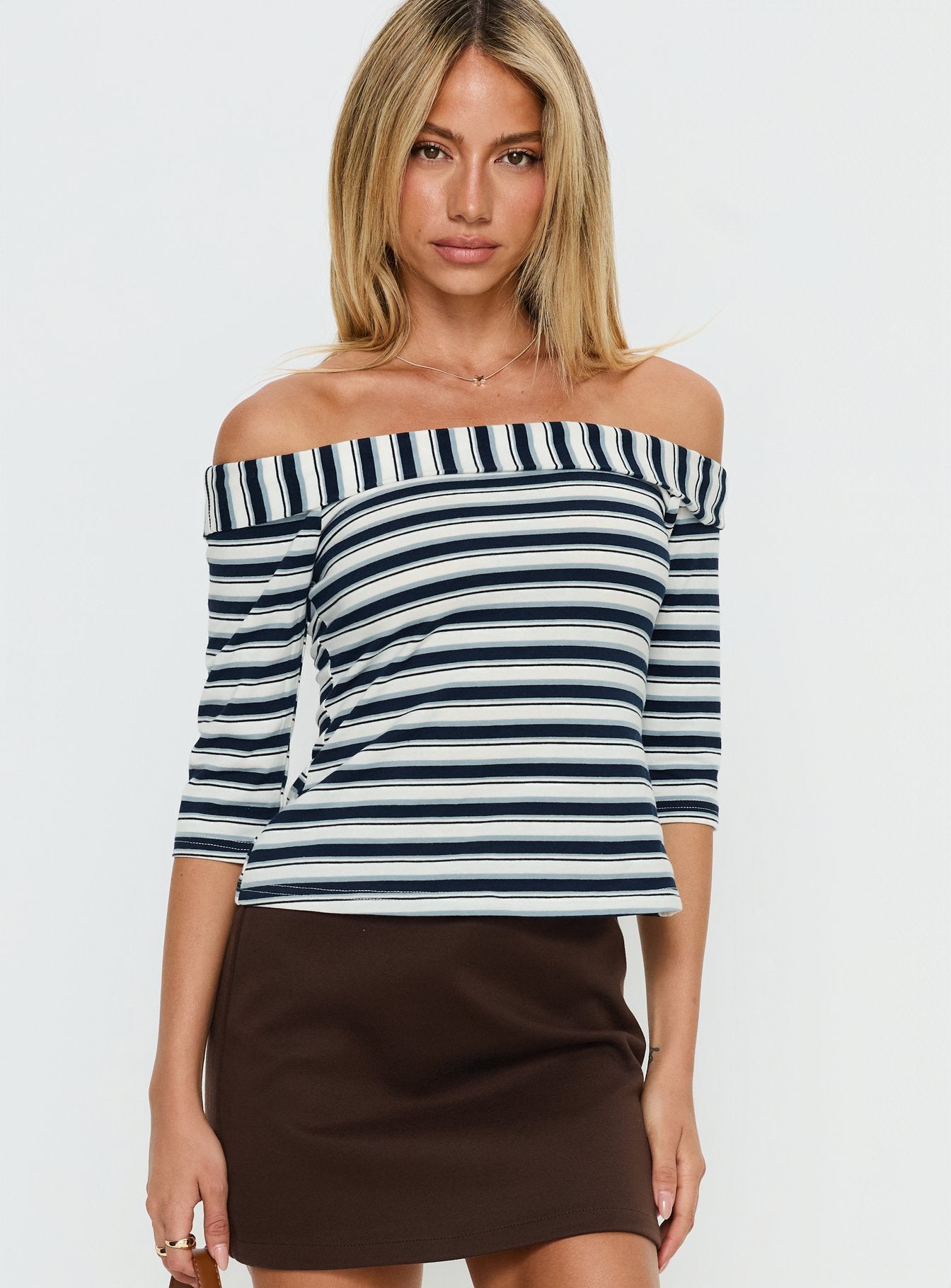 Shaylla Off Shoulder 3/4 Sleeve Top Blue Stripe | Princess Polly