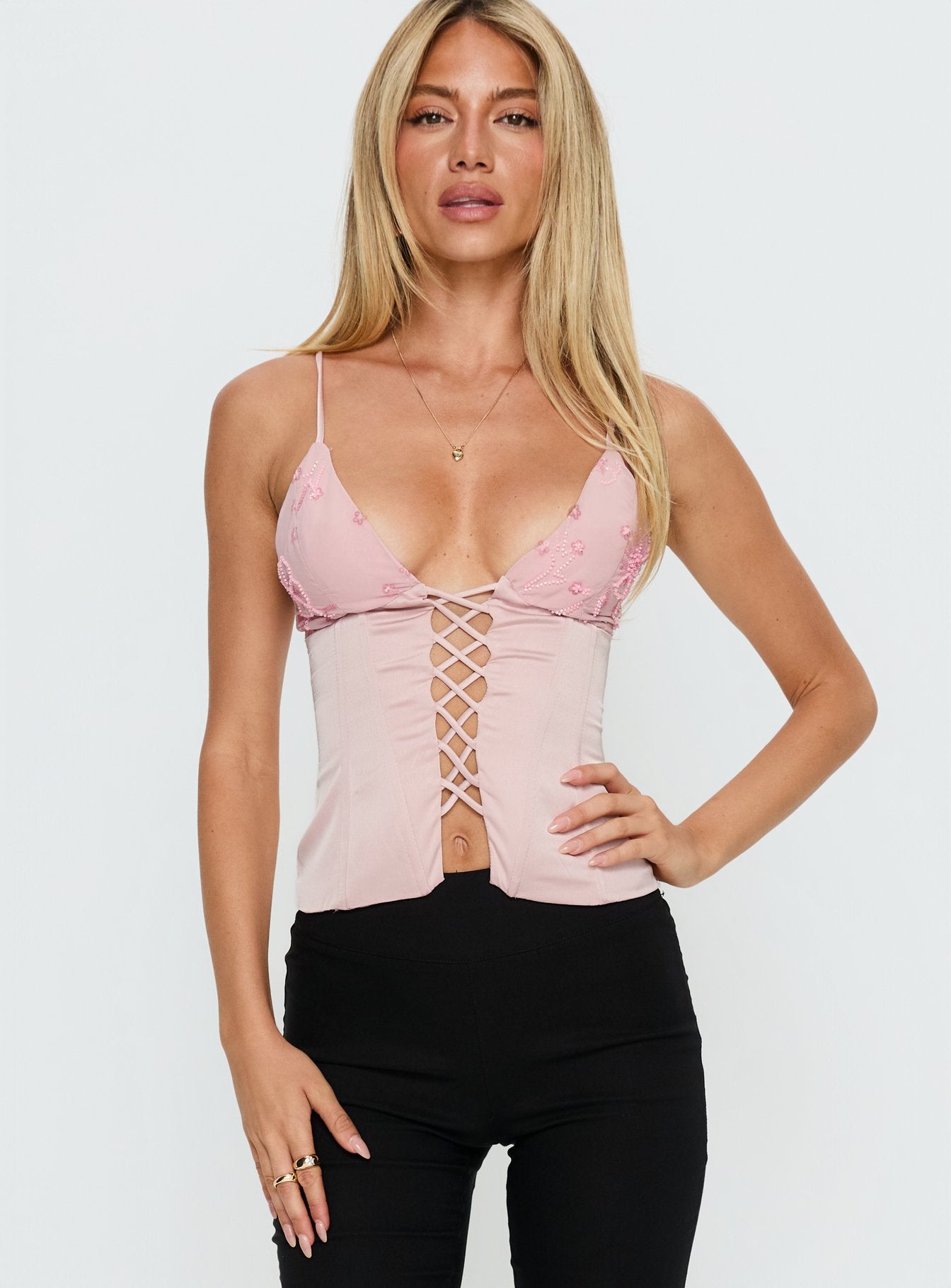 Devonna Corset Beaded Top Pink