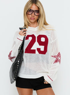 front view of model wearing Princess Polly Korrin V Neck Graphic Knit Sweater White 