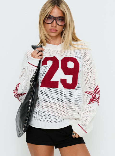 front view of model wearing Princess Polly Korrin V Neck Graphic Knit Sweater White 