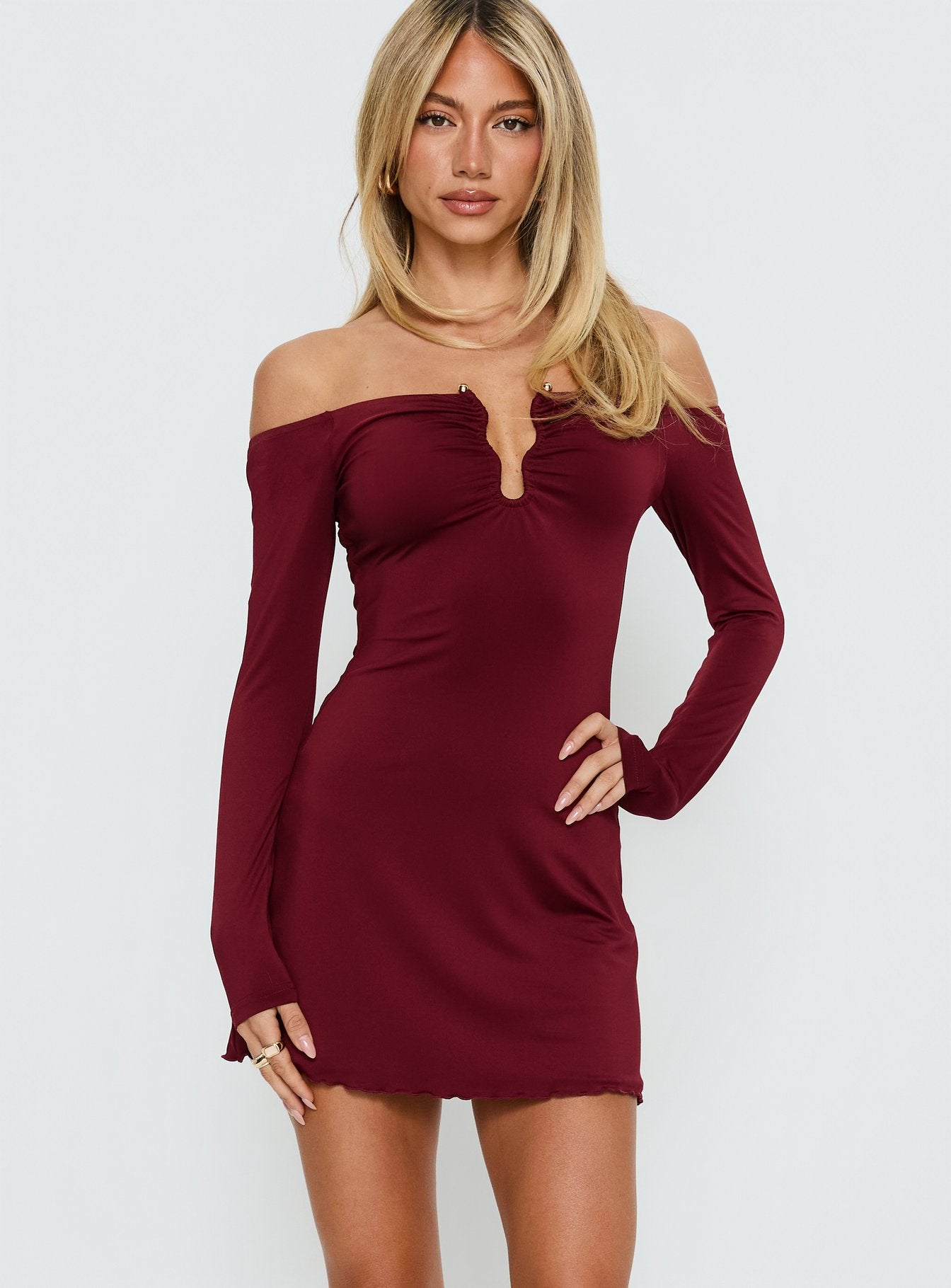 Imeralda Hardware Long Sleeve Mini Dress Burgundy | Princess Polly Imeralda Hardware Long Sleeve Mini Dress Burgundy | Princess Polly
