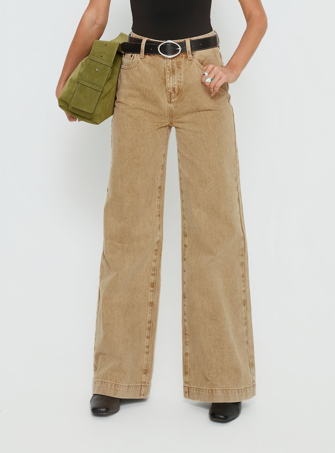 back view of model wearing Princess Polly Goldie High Rise Wide Leg Jeans Tan High Rise Jeans 