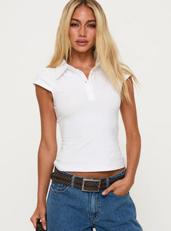 front view of model wearing Princess Polly Prodigy Collared Polo Top White Short Sleeves V-Neck 